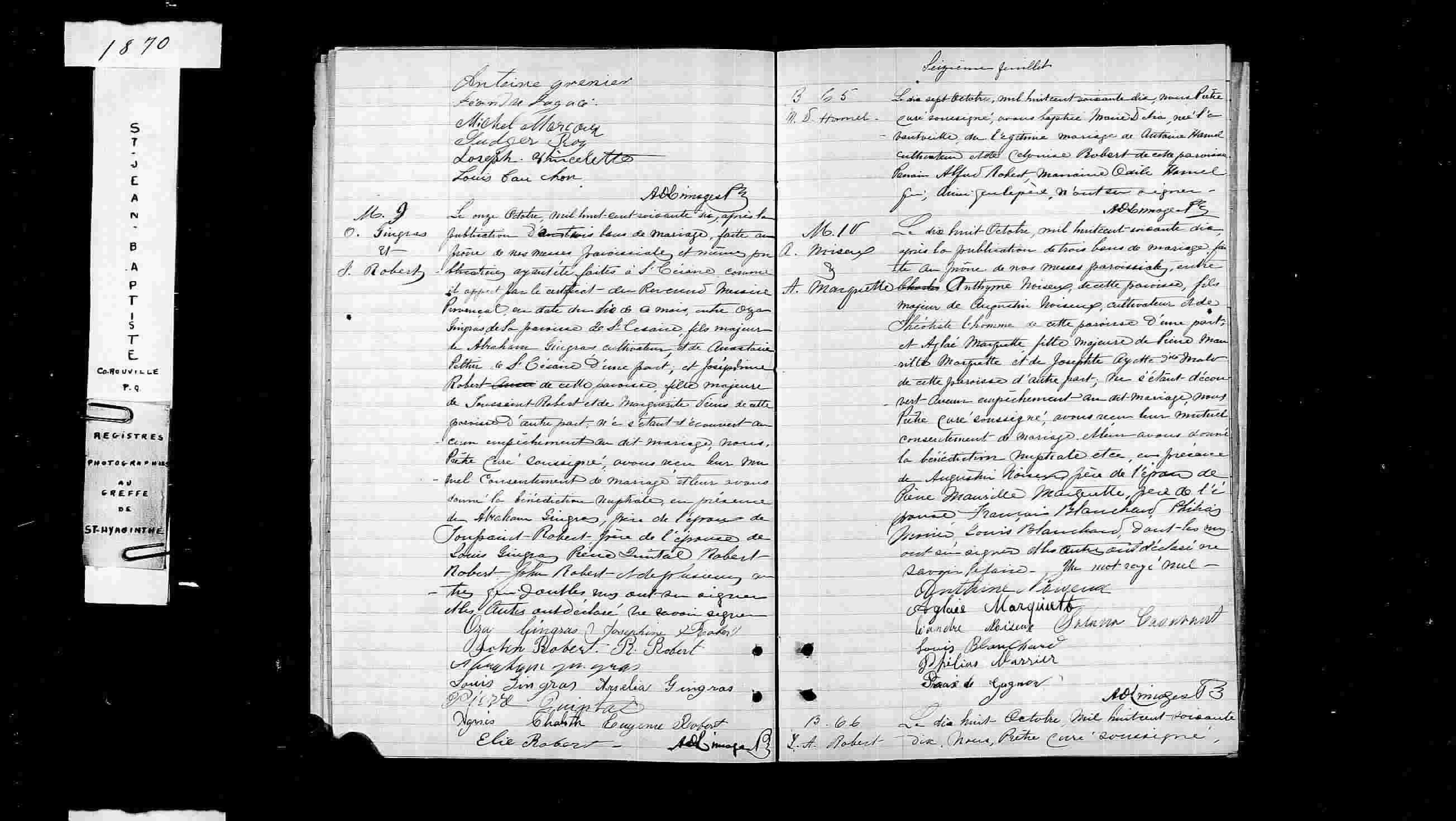 Acte de mariage entre Oza Gingras et Joséphine Robert